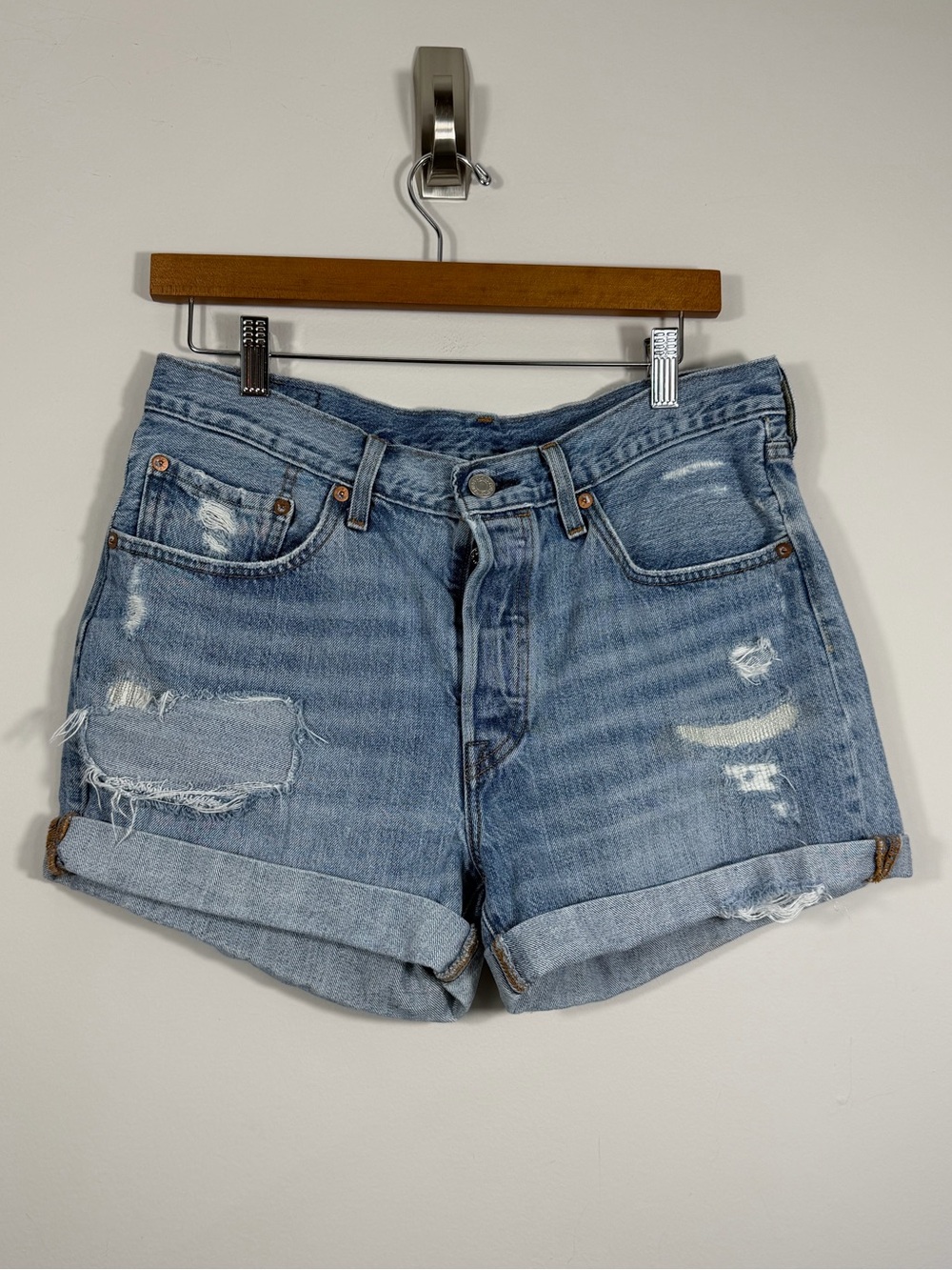 Levi’s 501 Distressed Light Wash Denim Shorts W30 Button Fly Cutoff Cuffed